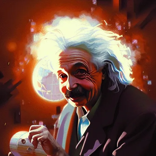 Image similar to Portrait painting of Einstein traveling with a time machine by his hands by greg rutkowski and Craig Mullins