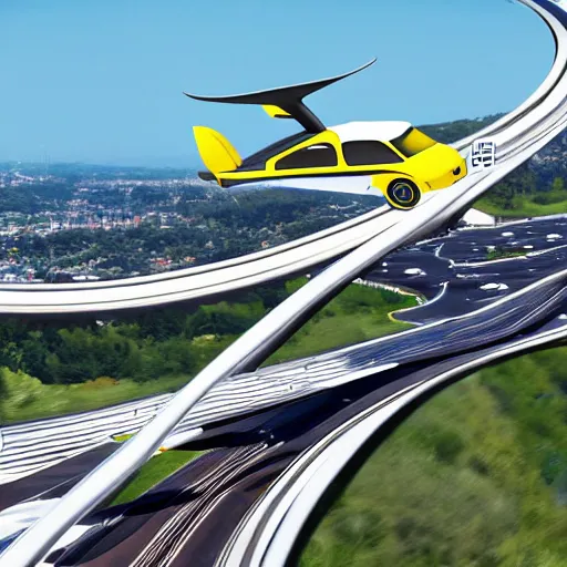 Prompt: flying car highway car toll