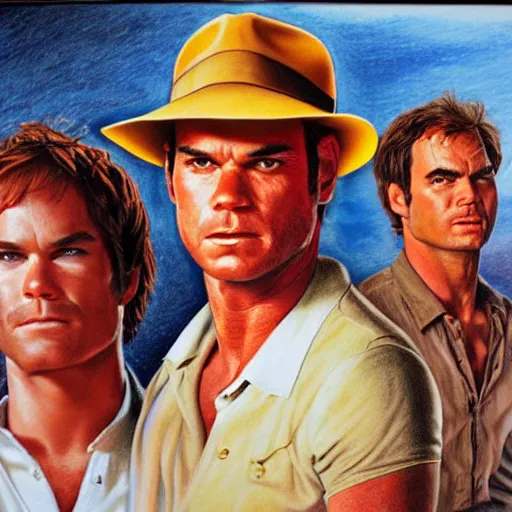 Image similar to dexter Morgan, Indiana jones, and artist formerly known as prince go to the beach, portrait, highly detailed, colored pencil