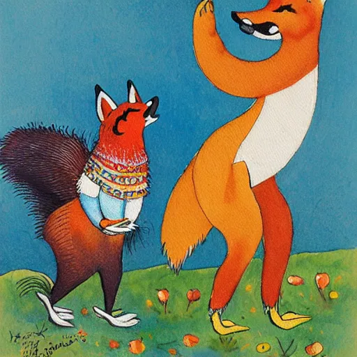 Image similar to a smug fox dances with a pretty chicken, Louis William Wain watercolor,