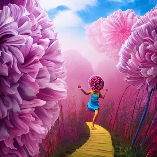 Prompt: giant carnation flower head, woman running between luxury apartments, surreal photography, sunlight, impressionist painting, digital painting, artstation, simon stalenhag