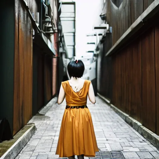 Prompt: a perfect 8K HD professional photo of japanese girl posing, wearing dress in sci-fi dystopian alleyway, at instagram, Adobe Lightroom, taken with kodak portra