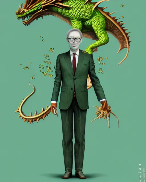 Image similar to anthropomorphic art of a businessman dragon, green dragon, portrait, 1 9 8 0 s business fashion, victo ngai, ryohei hase, artstation. fractal papers, newspaper. stock certificate, highly detailed digital painting, smooth, global illumination, fantasy art, jc leyendecker