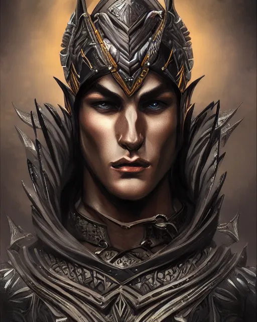 Image similar to a handsome young male dark elf, obsidian skin, fantasy, intricate, elegant, highly detailed, digital painting, artstation, concept art, sharp focus, illustration