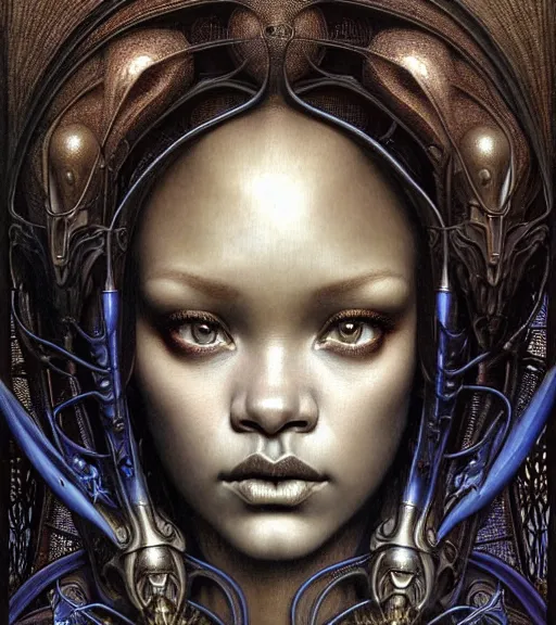 Image similar to detailed realistic beautiful young medieval alien robot rihanna face portrait by jean delville, gustave dore and marco mazzoni, art nouveau, symbolist, visionary, gothic, pre - raphaelite. horizontal symmetry by zdzisław beksinski, iris van herpen, raymond swanland and alphonse mucha. highly detailed, hyper - real, cyberpunk, fractal baroque