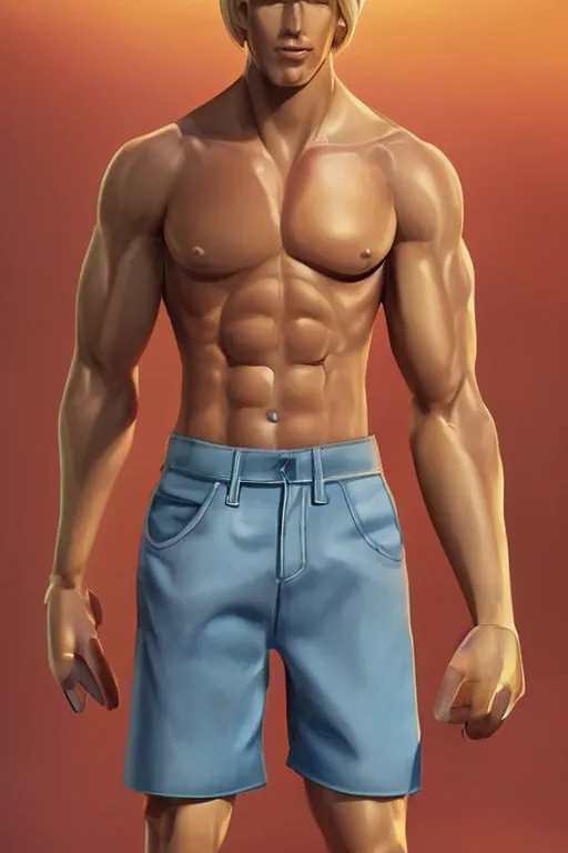 Image similar to a handsome man with blonde hair, ken doll, male android, muscular, wearing a cut-off white top and short light orange shorts, stands by a swimming pool, facing forward, in the style of artgerm and moebius and annie liebovitz, photorealistic, highly detailed, trending on artstation