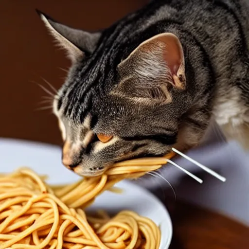 Image similar to cat eating spaghetti with a spoon