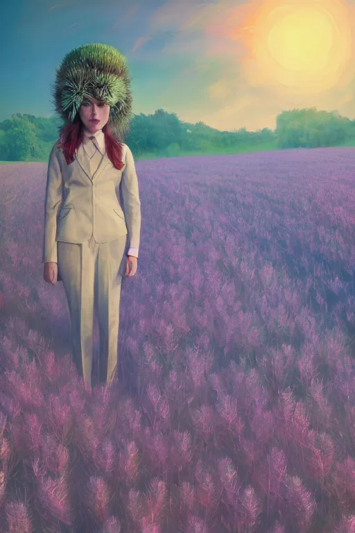 Prompt: portrait, enormous thistle flower under head, a girl in a suit in field of flowers, surreal photography, sunrise, blue sky, dramatic light, impressionist painting, digital painting, artstation, simon stalenhag