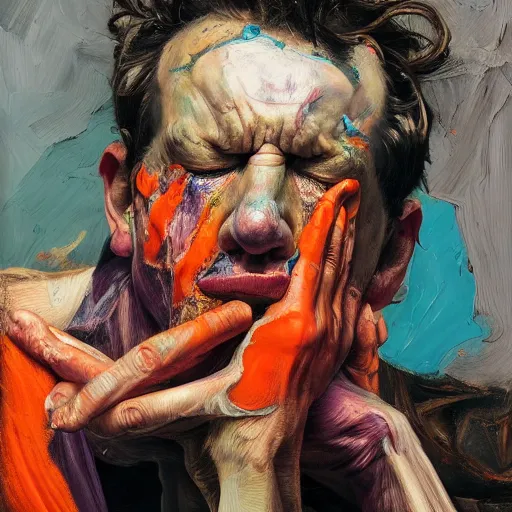 Image similar to high quality high detail painting of two extremely angry men by lucian freud and jenny saville and francis bacon and malcom liepke and nicola samori, hd, anxiety, two men crying and screaming, turquoise and purple and orange and pink, dark atmosphere