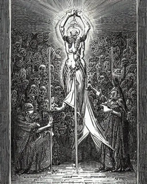 Prompt: a print of the magician thoth tarot card by gustave dore