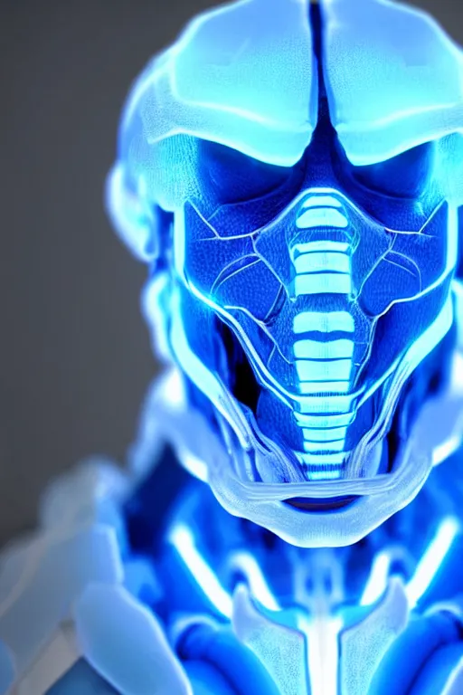 Image similar to hyperrealistic close-up blue glow exoskeleton!! chinese man covered highly detailed concept art eric zener elson peter cinematic side soft yellow light low angle hd 8k sharp shallow depth of field