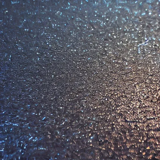 Prompt: close up of a puddle on asphalt reflecting the night sky, complex, high detail