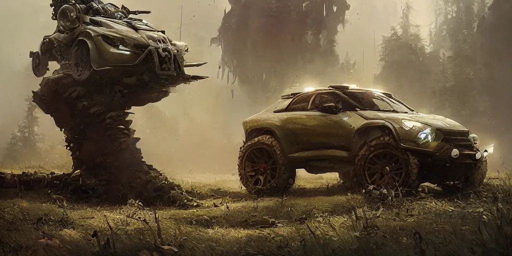 Image similar to a beautiful concept offroad suv, an epic fantasy, dramatic lighting, cinematic, establishing shot, extremely high detail, photorealistic, cinematic lighting, artstation, by cory loftis, ryohei hase, ismail inceoglu and ruan jia, midsommar