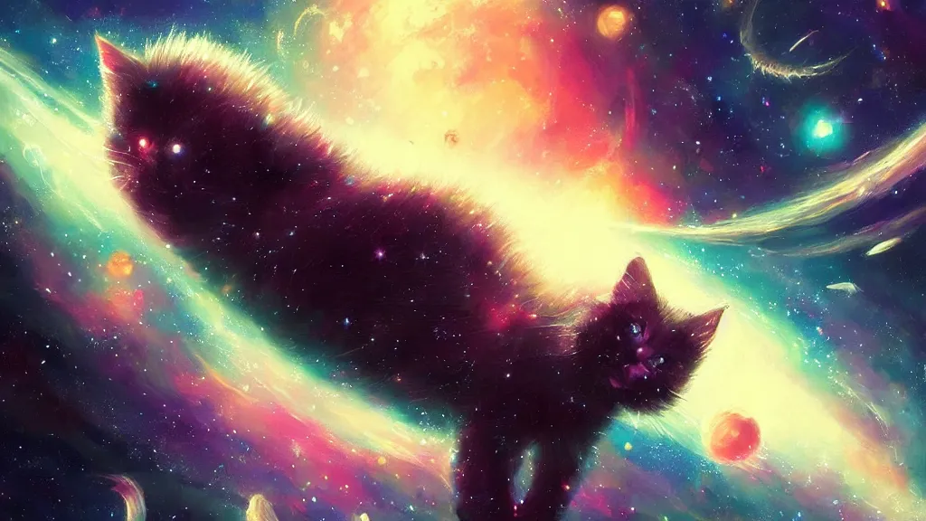 Image similar to cosmic kitty floating in space, bright stars, anime, a fantasy digital painting by Greg Rutkowski and James Gurney, trending on Artstation, highly detailed