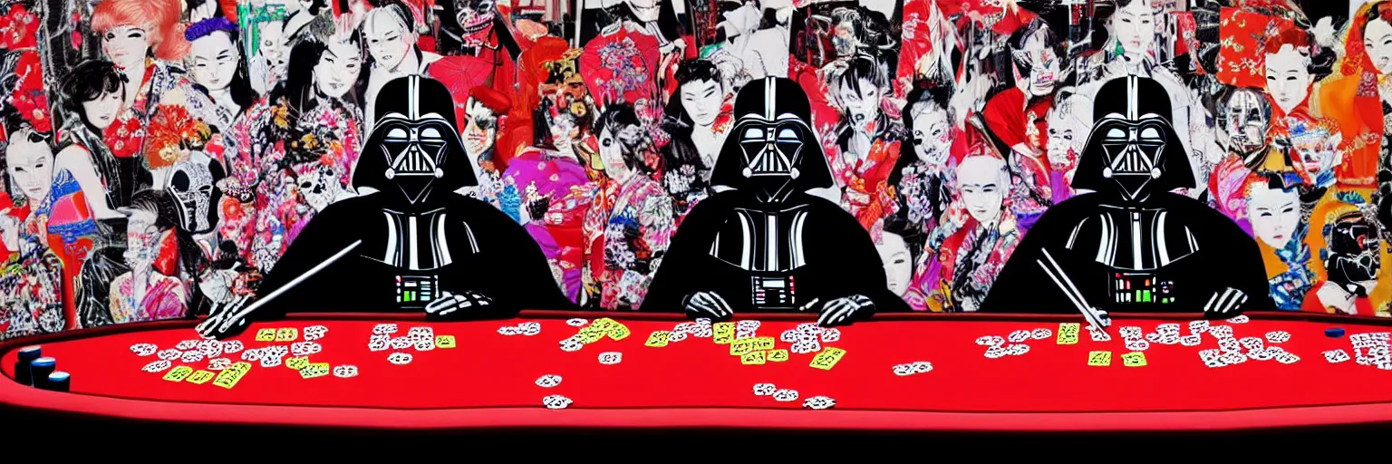 Image similar to hyperrealism composition of the detailed woman in a japanese kimono sitting at an extremely detailed poker table with darth vader, terminator, fireworks on the background, pop - art style, jacky tsai style, andy warhol style, acrylic on canvas