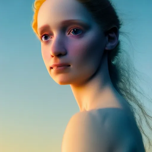 Image similar to photographic portrait of a stunningly beautiful english renaissance female in soft dreamy light at sunset, beside the sea, fire glow, soft focus, contemporary fashion shoot, in a denis villeneuve and tim burton movie, by edward robert hughes, annie leibovitz and steve mccurry, david lazar, jimmy nelsson, extremely detailed, breathtaking, hyperrealistic, perfect face, octane render