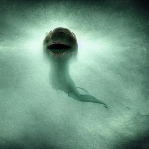 Image similar to sea monster about to eat pov underwater, pale skin, dark yellowish water, foggy water, dark, dramatic,'silent hill ', big eyes, alluring and terrifying, cinematic