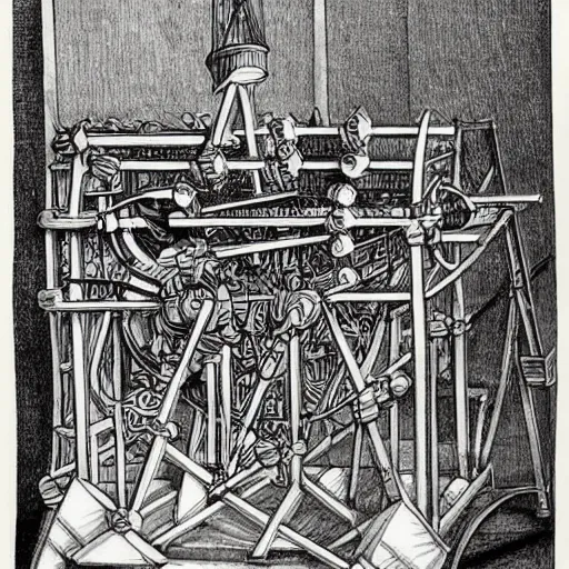 Image similar to rube goldberg music machine designed by escher drawn by da vinci, detailed pen and ink illustration