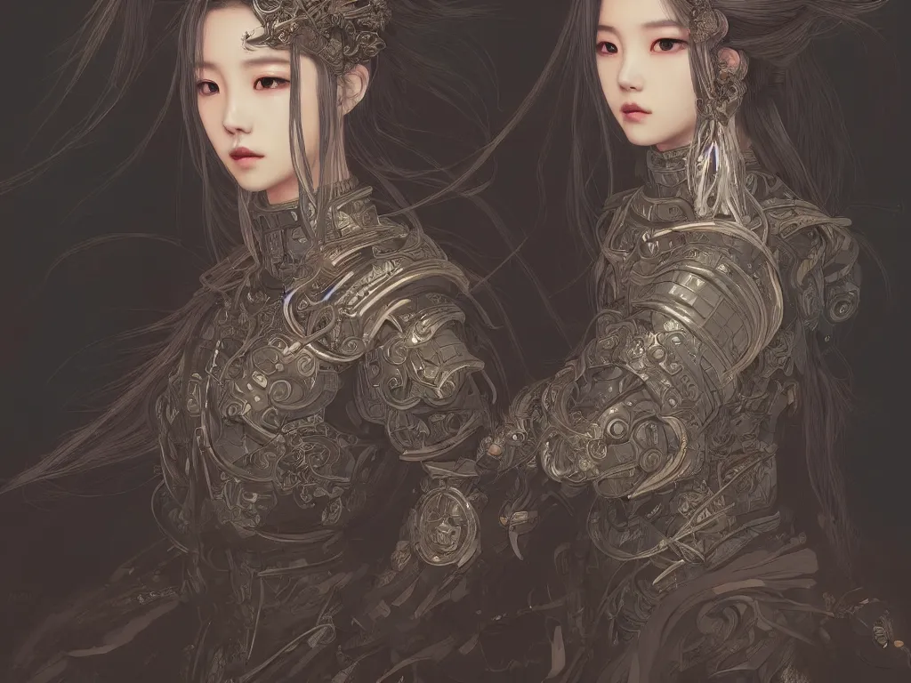 Image similar to portrait jisoo blackpink, grey hair armored samurai clothes, in fire japanese temple wet night, ssci - fi and fantasy, intricate and very very beautiful and elegant, highly detailed, digital painting, artstation, concept art, smooth and sharp focus, illustration, art by tian zi and wlop and alphonse mucha