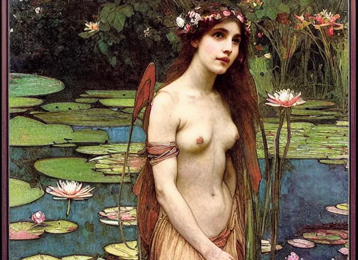 Image similar to a masterpiece painting of a beautiful faerie queen in a waterlily pond by john william waterhouse and alphonse mucha, wide angle, in frame, symmetrical, muted colors