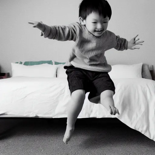 Prompt: little cute boy jumping on his bed by WLOP