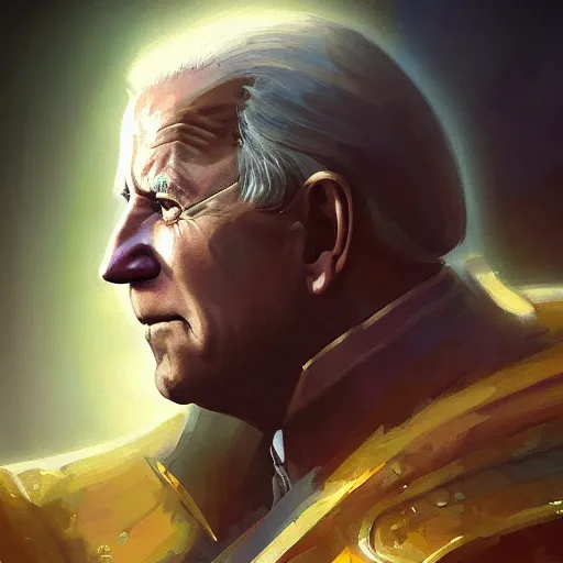 Prompt: god emperor joe biden in the style of craig mullins, greg rutkowski, peter mohrbacher, and drew struzan. epic, majestic, awe inspiring, god rays, fissures, divine, church painting, intricate armor, extreme detail, high octane,