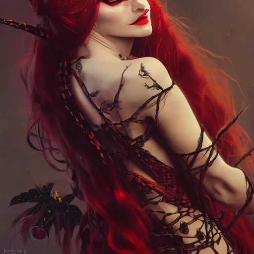 Image similar to a beautiful and detailed matte painting of a seductive vampire cat girl dressed as poison ivy, fantasy, d & d, dark eyeliner, intricate, elegant, highly detailed, digital painting, artstation, concept art, matte, sharp focus, illustration, art by greg rutkowski and alphonse mucha