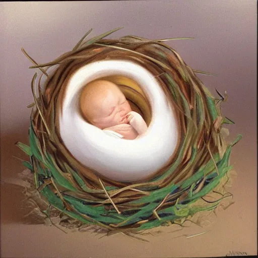 Prompt: concept art of a baby corgi sleeping in an egg in a nest, anne geddes