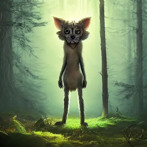 Image similar to a cute furry creature with long ears standing in a forest, big glowing eyes, fantasy, michael kutsche, concept render, cinematic lighting