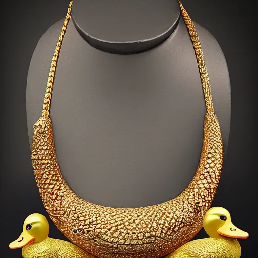 Prompt: a duck wearing a heavy gold chain, fashonable gold chain, Jewelry by Tanishq, realistic, super detailed