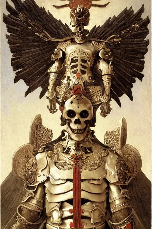 Image similar to portrait of a skeleton with chinese dragon in armor and helmet, majestic, solemn, big sword, wearing helmets and armor with wings, symmetrical, solemn, sacred, aura, by bouguereau