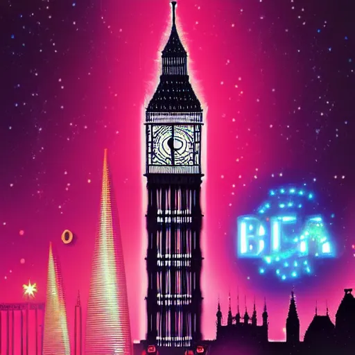 Image similar to big ben, retrowave epic art, trending on art station