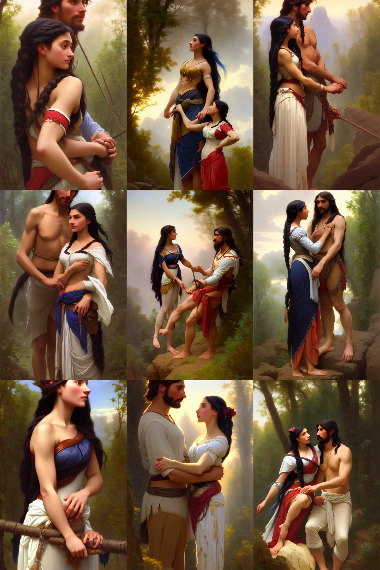 Prompt: depiction of romanticism pocahontas and john smith, illustration by mandy jurgens and william adolphe bouguereau, artgerm, 4 k, digital art, surreal, highly detailed, artstation, digital painting, concept art, smooth, sharp focus, illustration by mandy jurgens and william adolphe bouguereau