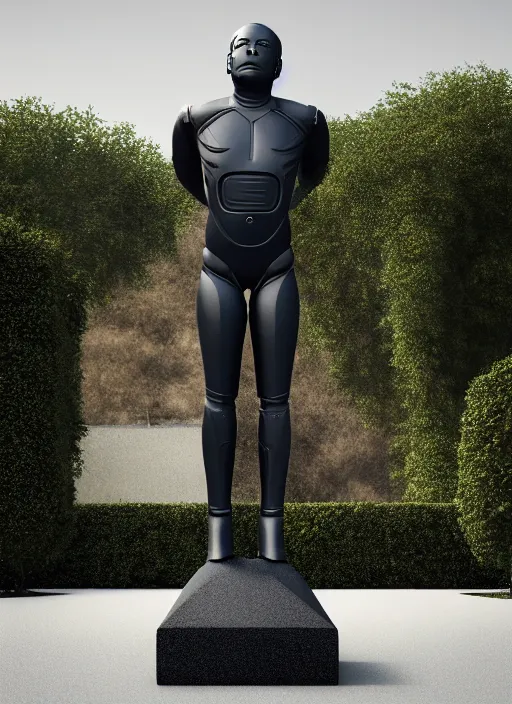 Prompt: cyborg elon musk as black basalt statue, in futuristic gardens, soft surface texture, very realistic 3 d render, soft sun lights, 4 k, high detailed photography result, 5 0 mm lens, rich deep colors, smooth gradients, depth of field, cinematic, hyper realism, high detail, octane render, unreal engine, 8 k, vibrant colors