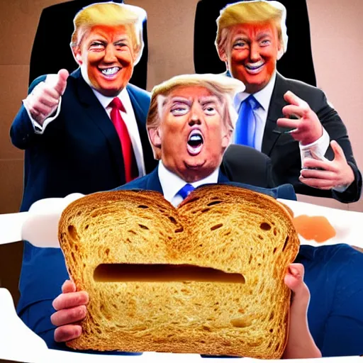 Prompt: 3 guys going crazy over a piece of toast with Donald trumps face,