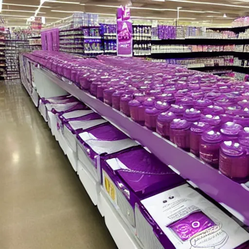 Prompt: photo of a flood of purple slurm liquid, purple liquid flooded target store aisle