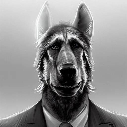 Image similar to a humanoid german shepherd beast - man, wearing suit, highly detailed portrait, digital painting, artstation, concept art, smooth, sharp foccus ilustration, artstation