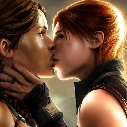 Image similar to Lara croft kissing black widow real hd