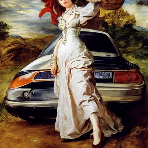 Prompt: heavenly summer sharp land sphere scallop well dressed lady standing next to car, auslese, by peter paul rubens and eugene delacroix and karol bak, hyperrealism, digital illustration, fauvist, standing next to a car