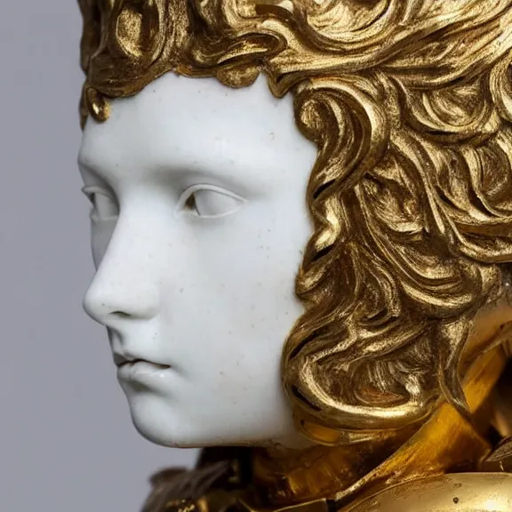 Image similar to a white art nouveau marble and gold head and torso sculpture of a worried young millie bobby brown with long, flowing hair, wearing intricate gold plate armor on her chest, delicate, intricate, smooth, beautiful, by charles van der stappen