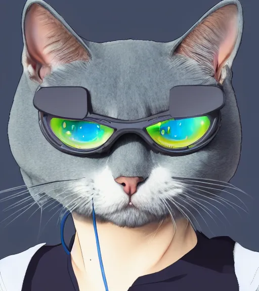 Prompt: a Russian Blue cat, cat, wearing a VR headset. Anime, trending on Artstation, digital art.