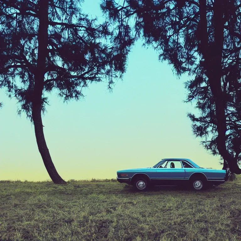 Image similar to 1 9 7 0 s car parked by the pine tree, silhouettes in field behind, film photo, soft lighting album cover, nostalgia, turquoise gradient