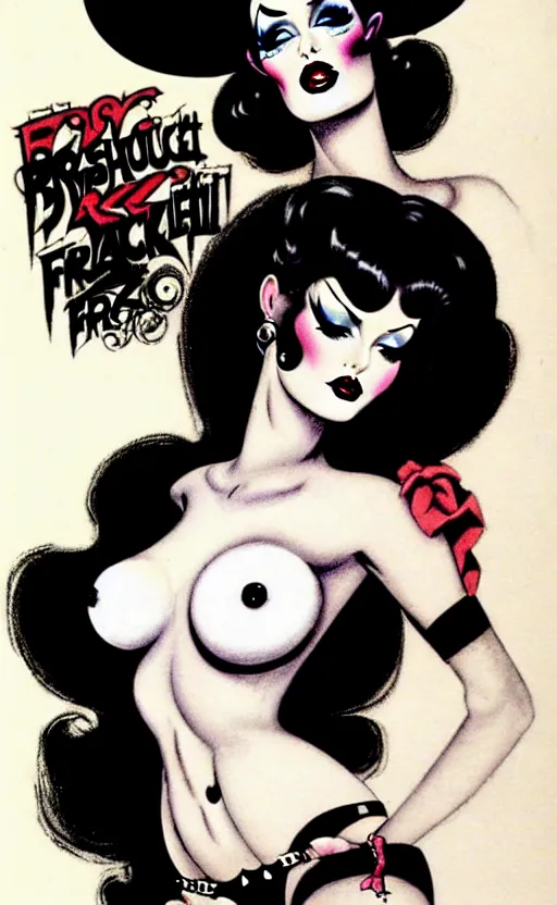 Prompt: burlesque psychobilly, rockabilly, punk, goth girl with a detailed face and black hair, white background, illustration by frank frazetta