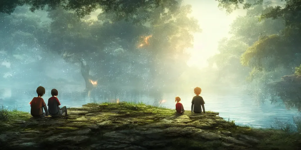 Prompt: a big silver dragon and a boy sitting next to lake in forest, many fireflys, at night, concept art, dof, cryengine, digital art, detailed background, makoto shinkai