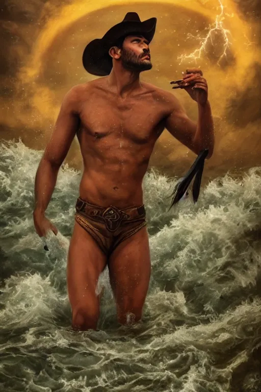 Prompt: a dramatic, epic, ethereal tarot painting of a handsome brown shirtless cowboy | background is a torrential flooding river | tarot card, art deco, art nouveau | by Mark Maggiori | trending on artstation