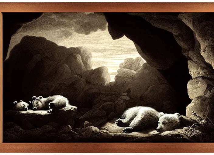 Image similar to Pieter Claesz's 'a bear and her cubs sleeping in a dark cave, lit by hole in roof', night time, cross hatching, beautiful wooden frame, monochrome, colours of the sunset