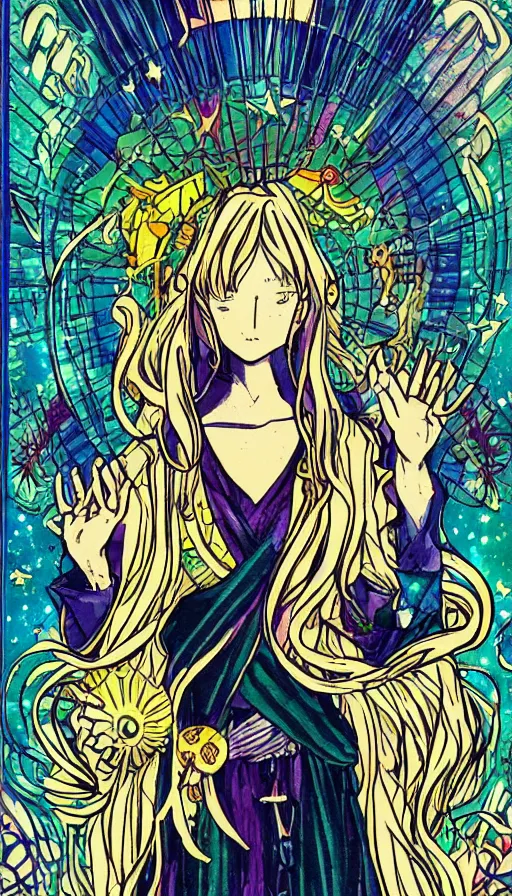 Image similar to anime tarot card based on the card Judgement,, beautiful lines, cosmic, psychedelic, detailed, clean