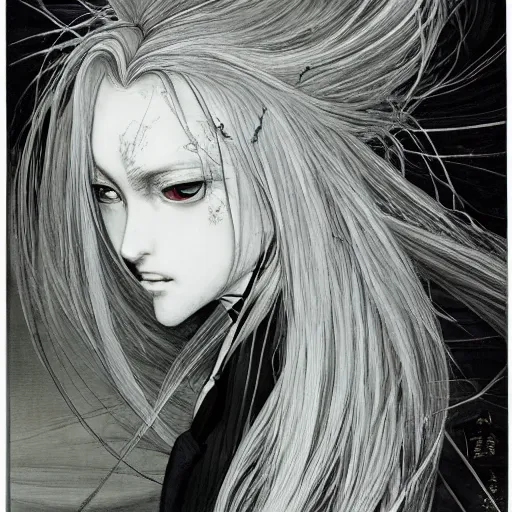 Image similar to Yoshitaka Amano realistic illustration of an anime girl with white hair and cracks on her face wearing dress suit with tie fluttering in the wind, abstract black and white patterns on the background, noisy film grain effect, highly detailed, Renaissance oil painting, weird portrait angle