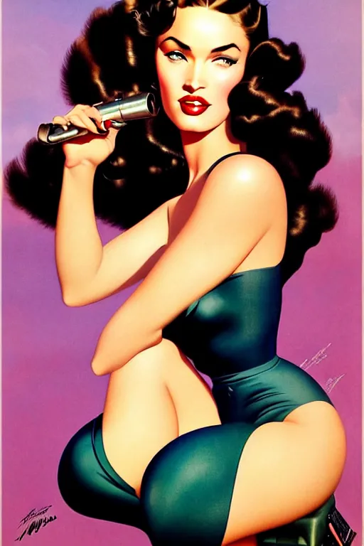 Image similar to beautiful megan fox retro future varga girl, windblown dark hair, retro pinup model, seductive, 1 9 4 0, glamour pose, intricate, hyper detailed, digital art, smooth, sharp focus, alberto vargas, gil elvgren, greg rutkowski