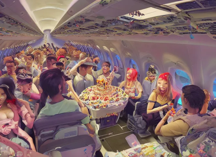 Prompt: boeing 737 cabin, many zombies, birthday party, party hats, string of balloons, one big birthday cake, realistic, insanely detailed, wide angle, Unreal 5 engine, trending on artstation, by Huang Guangjian and Gil Elvgren and Sachin Teng